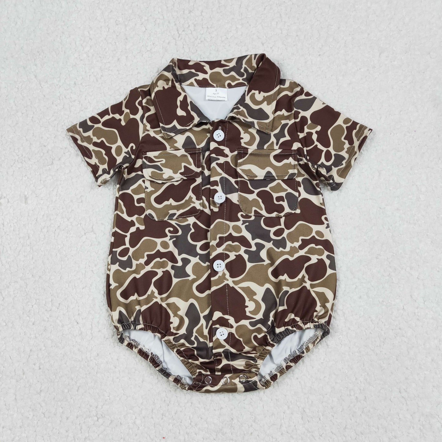 SR3659 Baby Boys Short Sleeve Southern Dark Khaki Camo Pockets Button Rompers