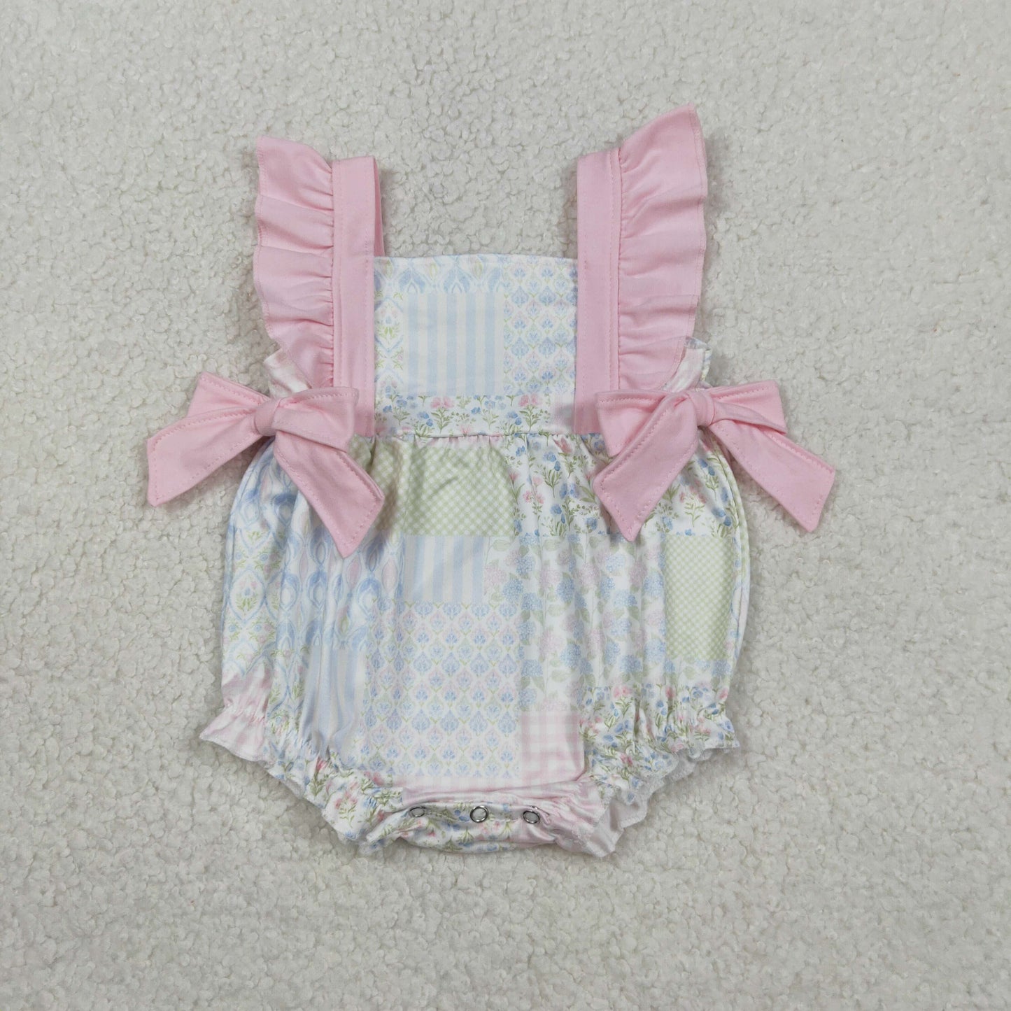 SR3675 Baby Girls Flutter Sleeve Flowers Checked Ruffle Rompers