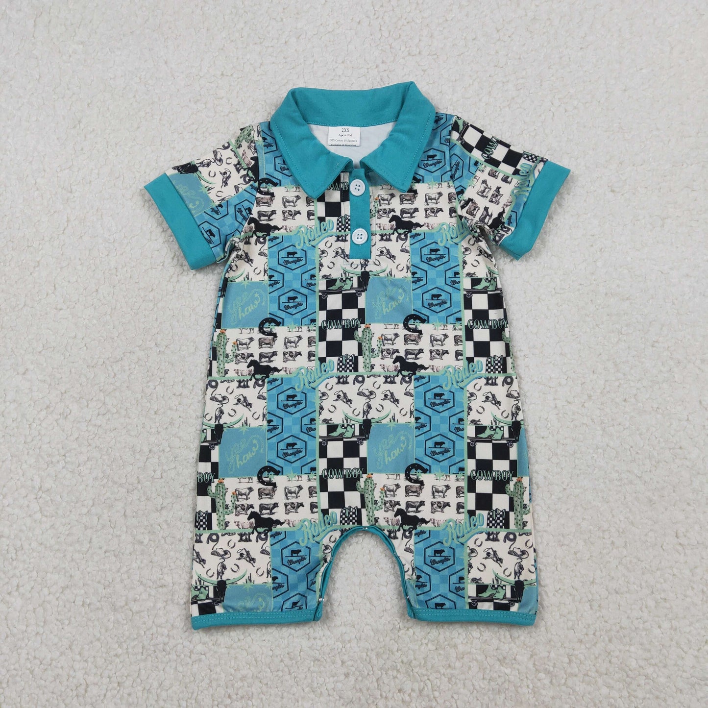 SR3723 Baby Boys Horse Rodeos Aztec Checked Western Button Rompers