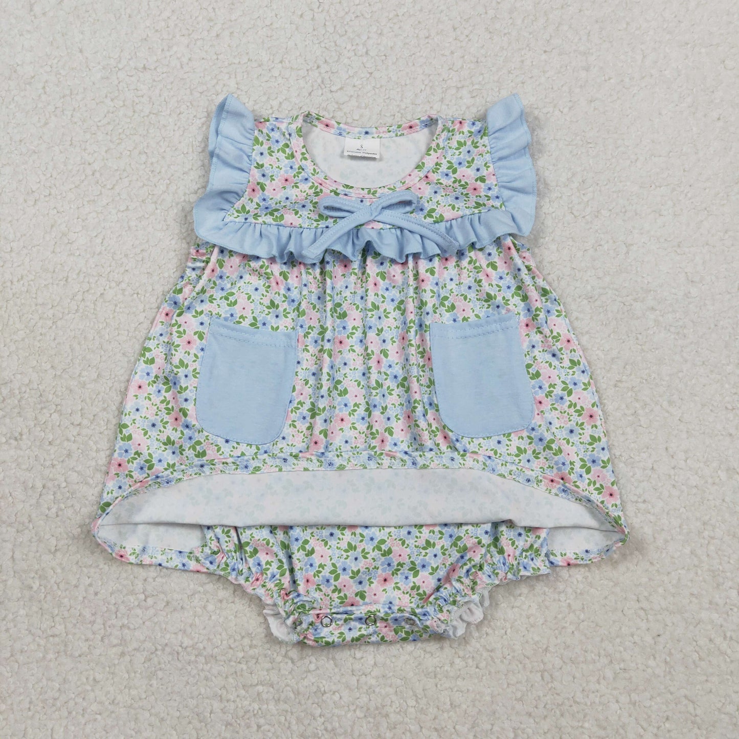 SR3752 Baby Girls Sleeveless Colorful Flowers Pockets Tunic Bumies Ruffle Rompers
