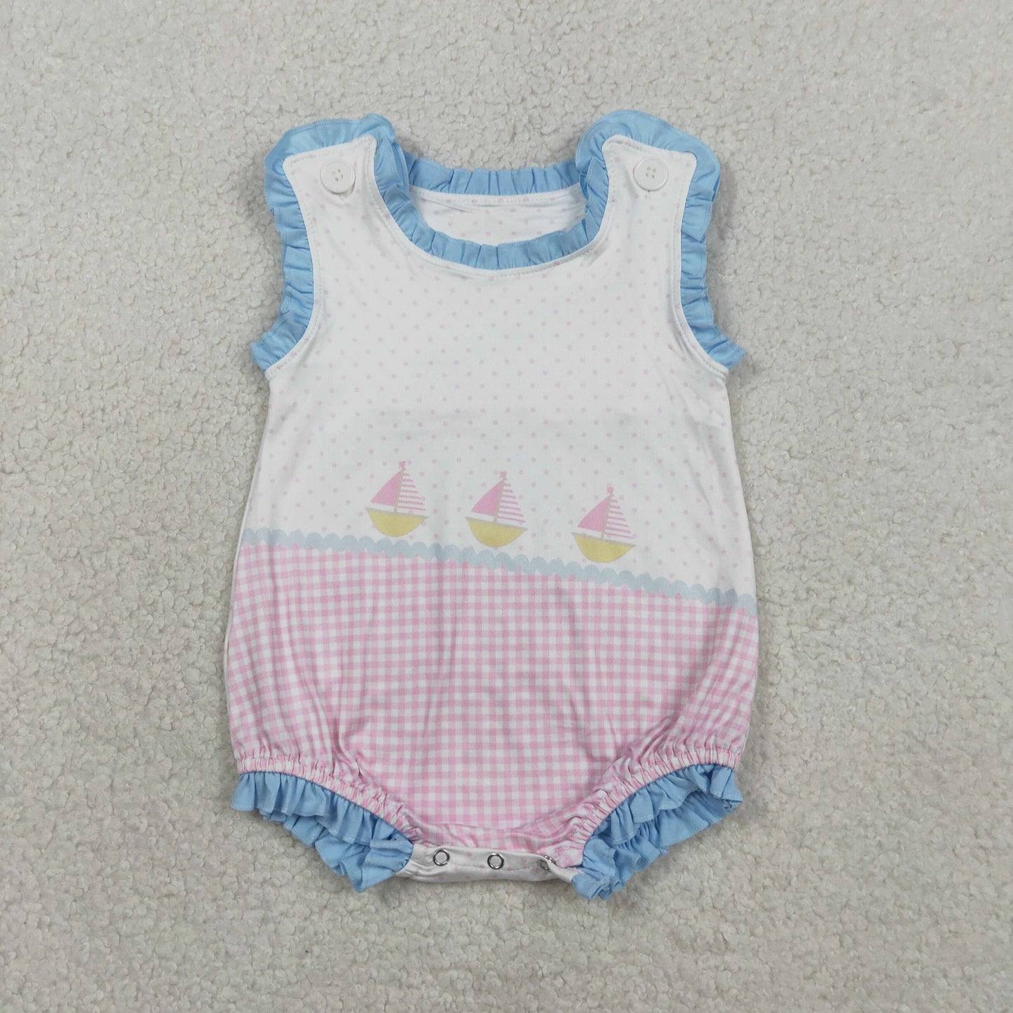 SR3755 Baby Girls Sleeveless Boats Polka Dots Checked Ruffle Romper