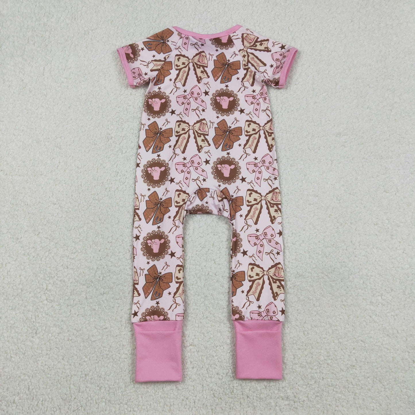 SR3763 Baby Girls Highland Cows Bows Western Two Way Zip Convertible Rompers