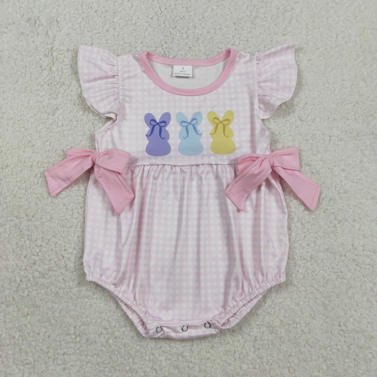 SR3767 Baby Girls Flutter Sleeve Pink Checked Rabbits Bows Easter Ruffle Rompers
