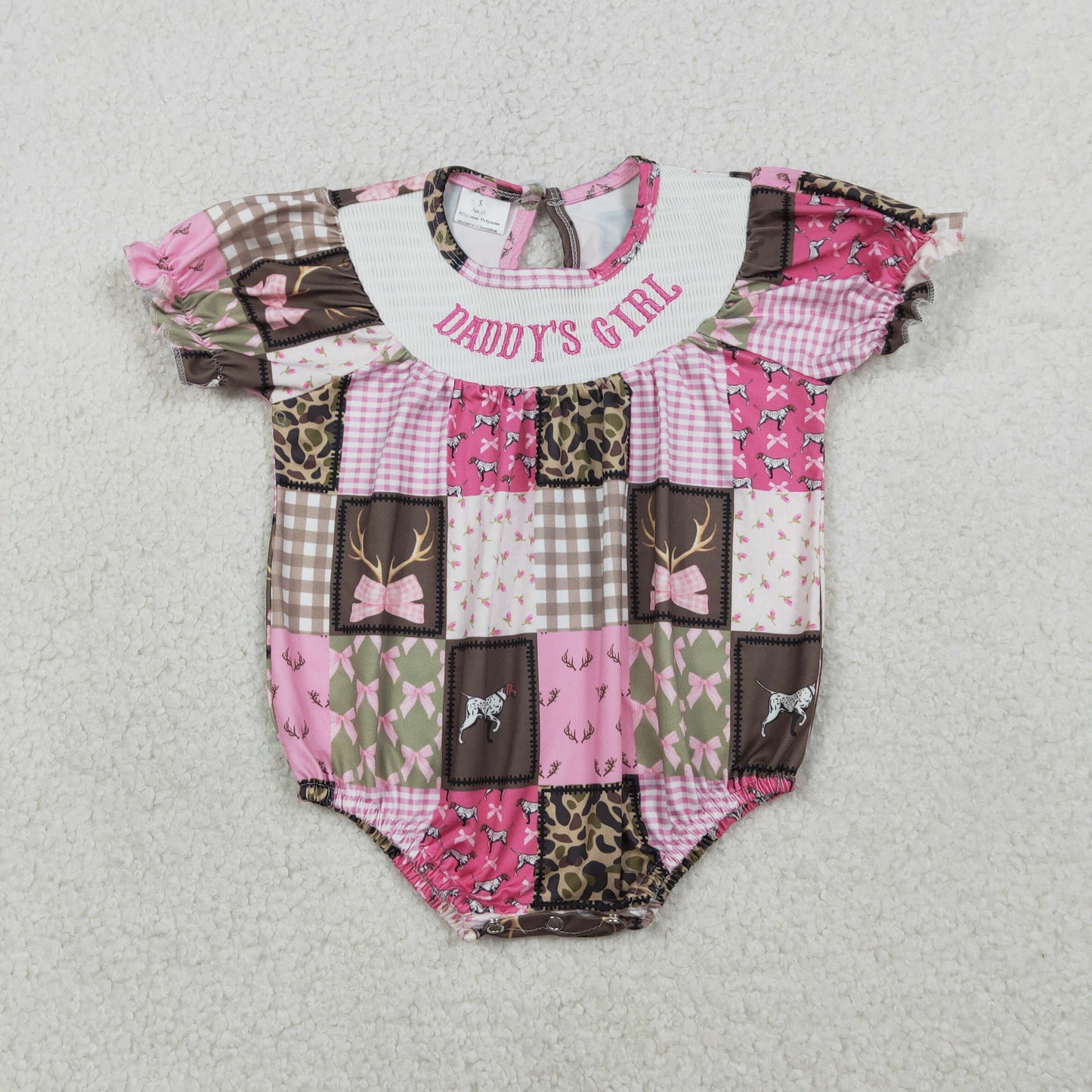 SR3778 Smocked Daddy's Girls Bows Deer Dogs Checked Hunting Ruffle Rompers