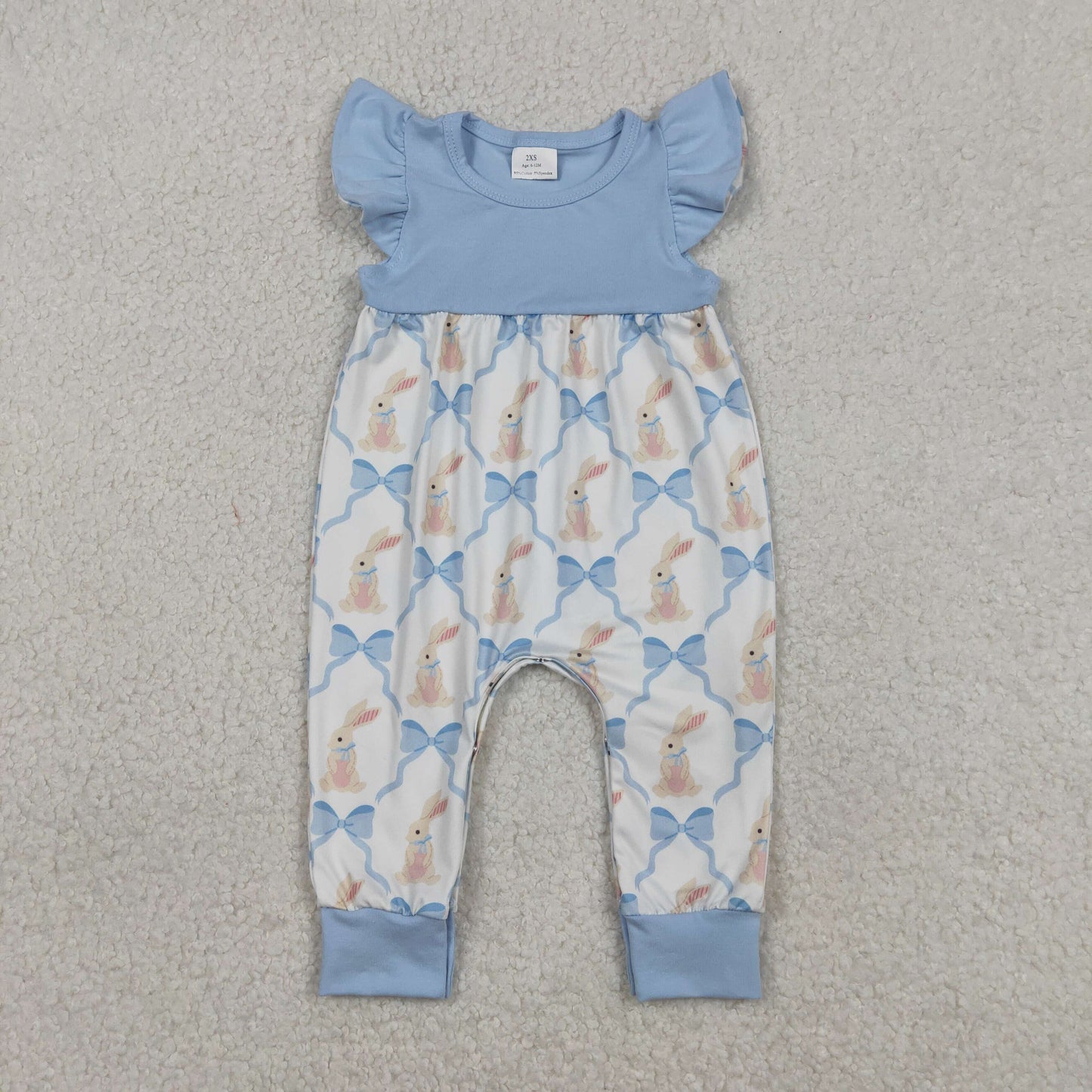 SR3806 Baby Girls Blue Flutter Sleeve Bows Rabbits Checked Easter Rompers