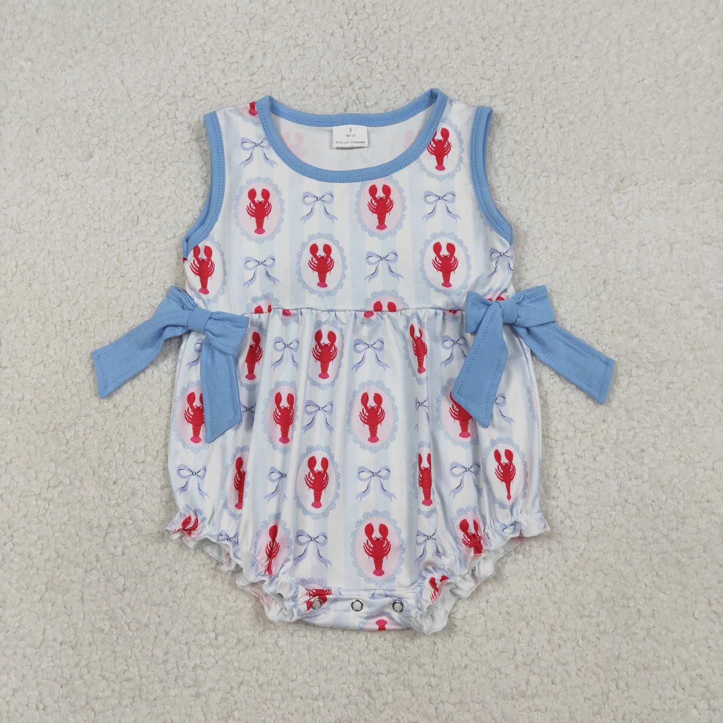 SR3828 Baby Girls Sleeveless Blue Stripe Bows Crayfishes Ruffle Rompers