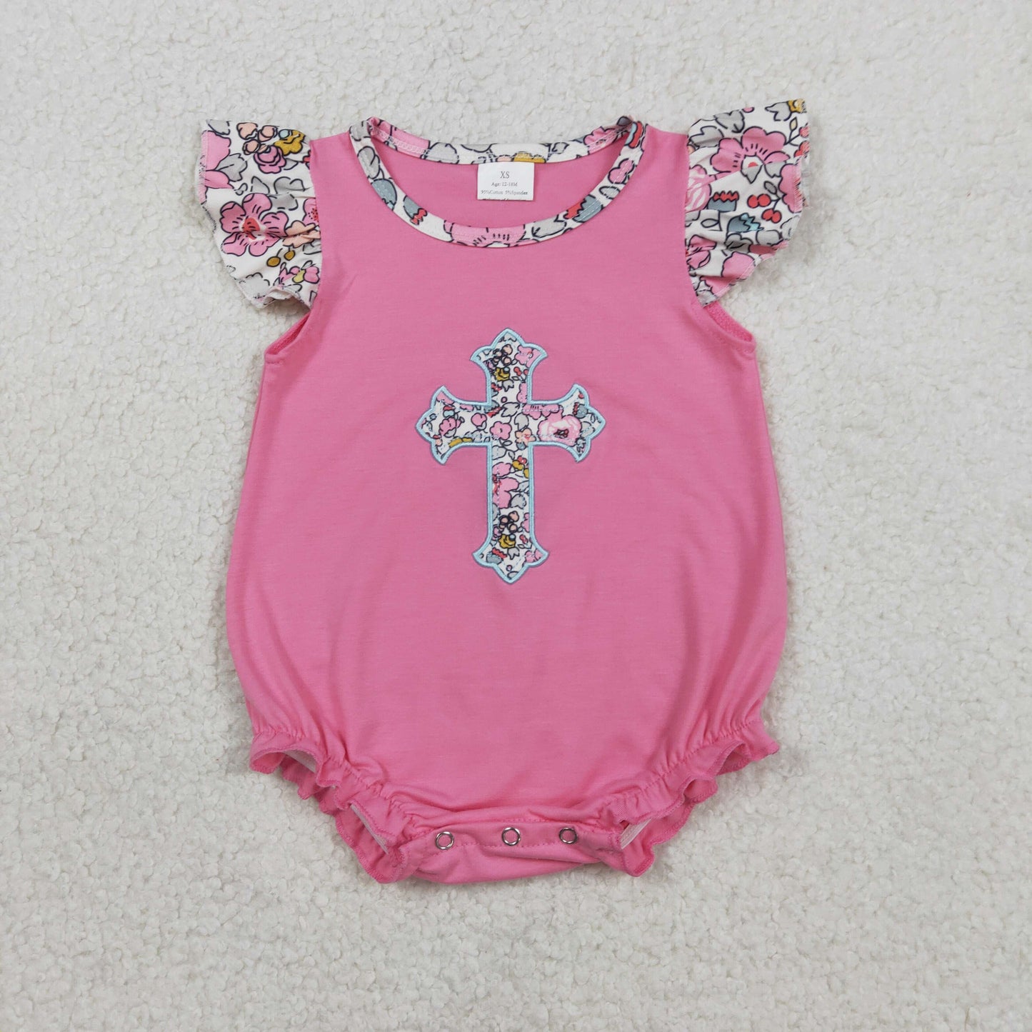 SR3845 Baby Girls Flutter Sleeve Embroidery Floral Cross Easter Ruffle Rompers