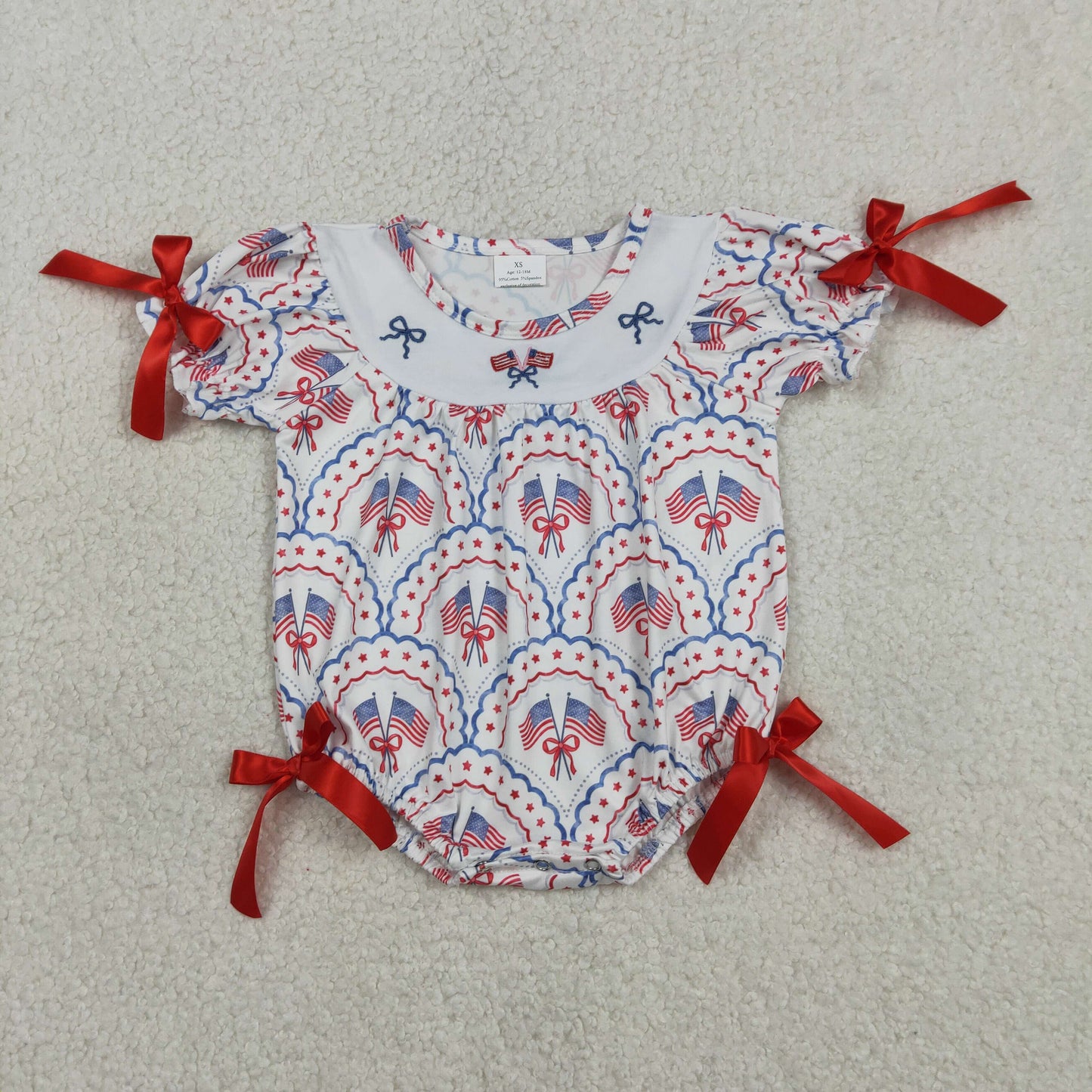 SR3887 Baby Girls Embroidery Bows Flags Checked 4th of July Ruffle Romper