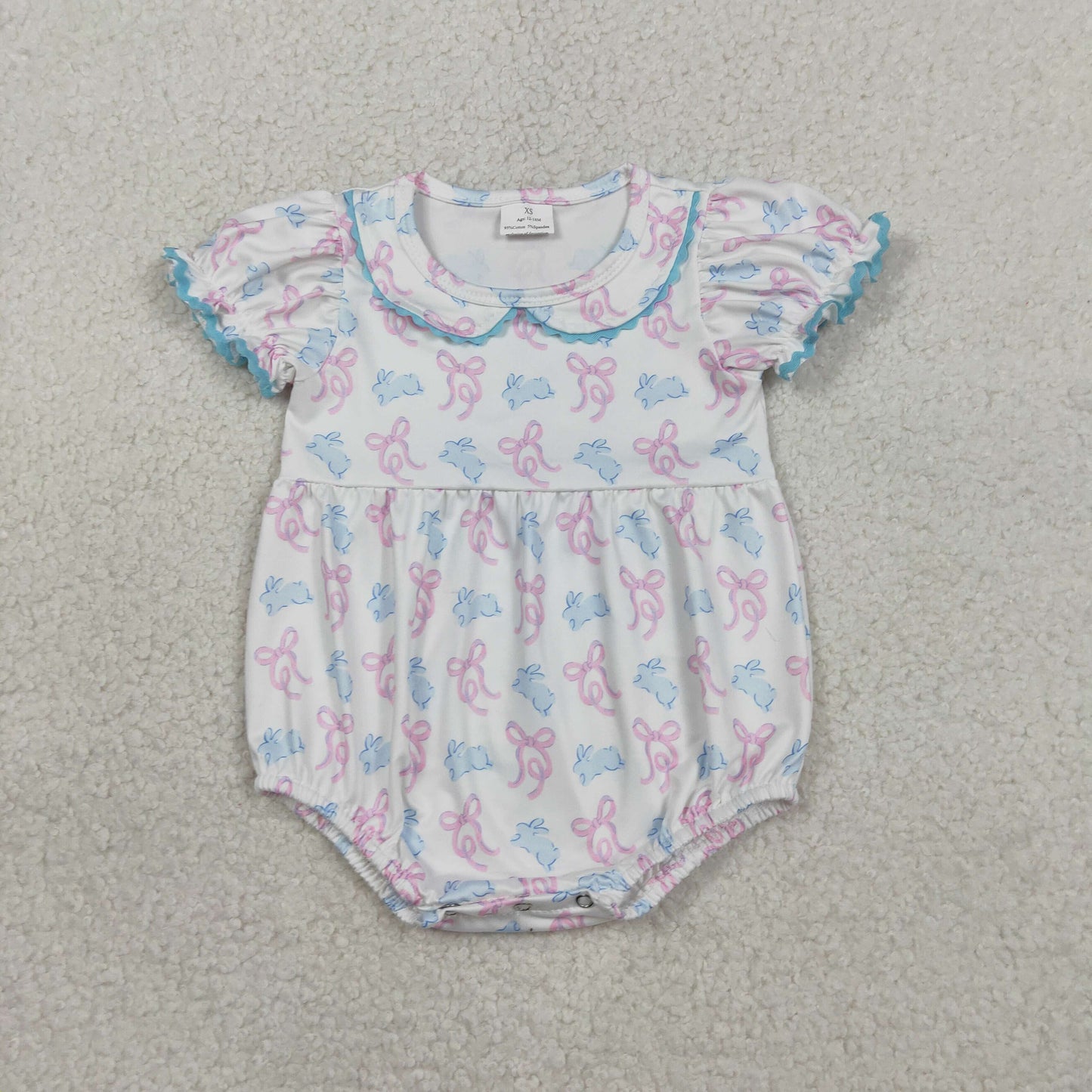 SR3938 Baby Girls Short Ruffle Sleeve Bows Rabbits Easter Collar Rompers