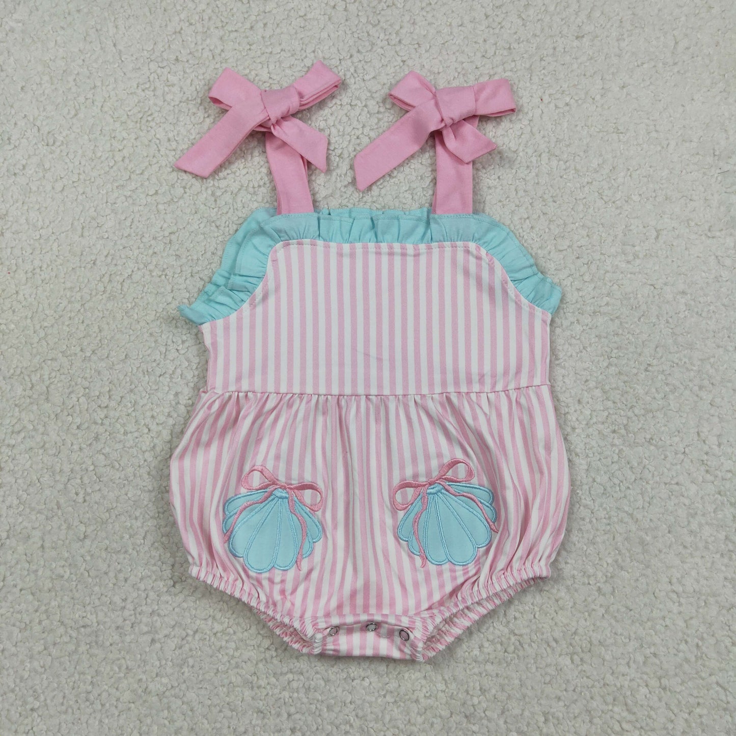 Sibling Baby Girls Pink Stripe Embroidery Bows Shells Strap Knee Length Dress Rompers