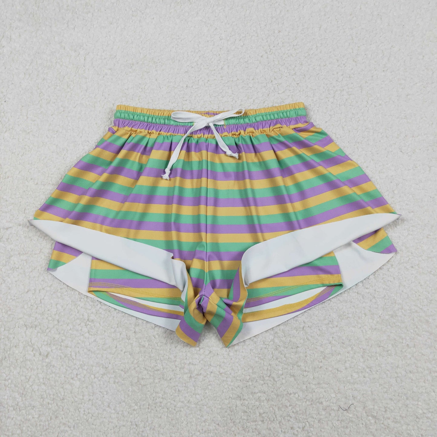 SS0706 Adult Women Mardigras Stripes Yoga Active Ruffle Shorts Bottom