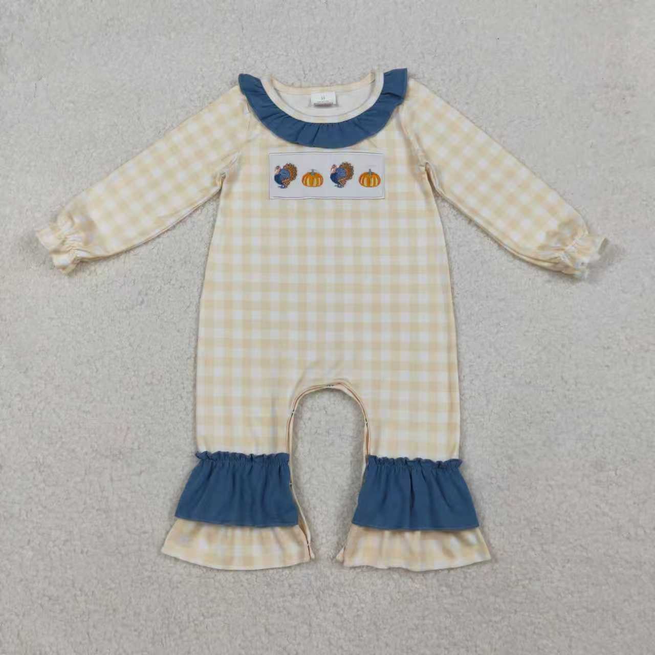 Sibling Embroidery Turkey Pumpkins Baby Boys Girls Thanksgiving Clothes Sets Ruffle Footie Rompers