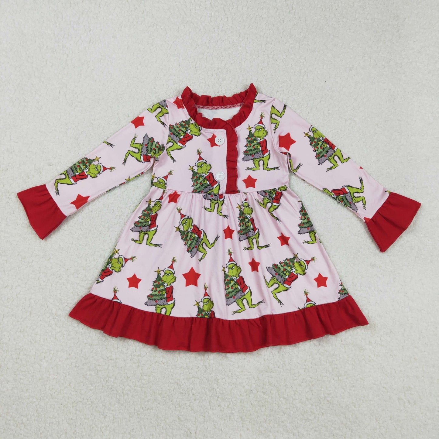 Sibling Baby Girls Christmas Green Face Stars Pajamas Set Zipper Footie Romper Knee Length Dresses