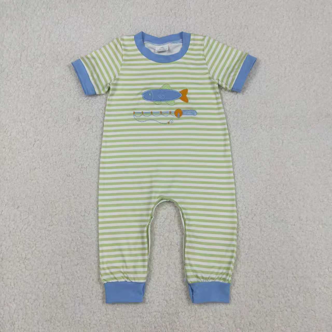 Sibling Baby Boys Embroidery Fishing Stripe Top Pockets Pant Hunting Clothes Sets Footie Romper
