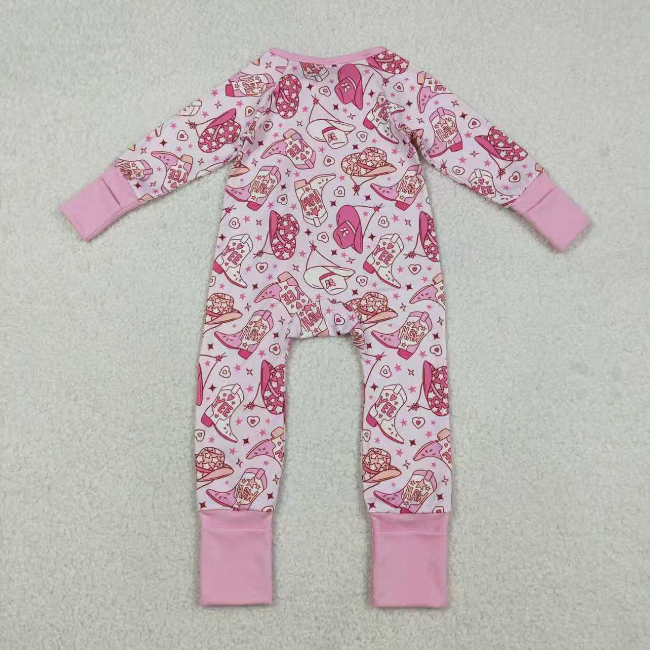 Sibling Baby Girls Pink Hats Boots Top Pants Western Pajamas Set Zipper Rompers