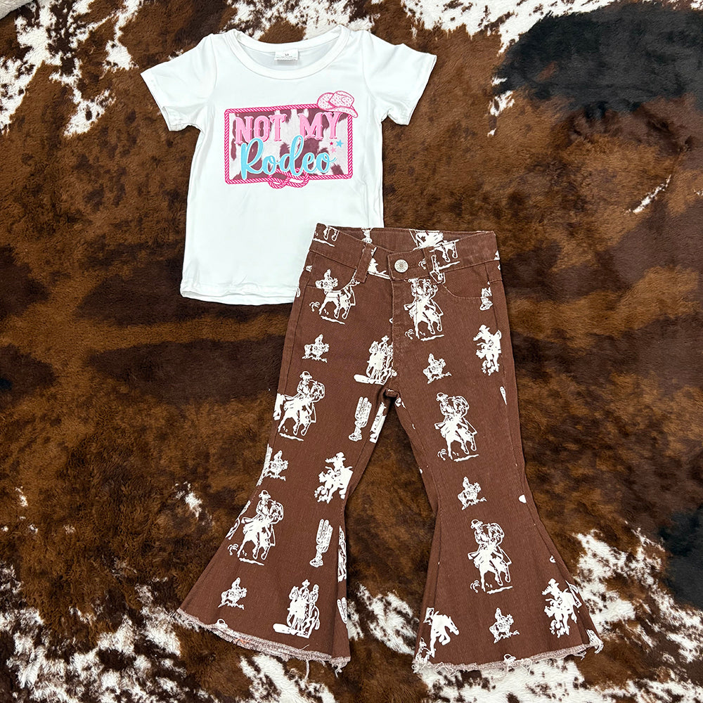Western Not My Rodeo Shirt Brown Bell Bottom Jeans Sets