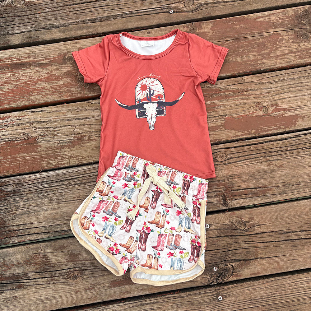 Western Girls Cow Skull Shirt Boots Shorts Summer Outfits