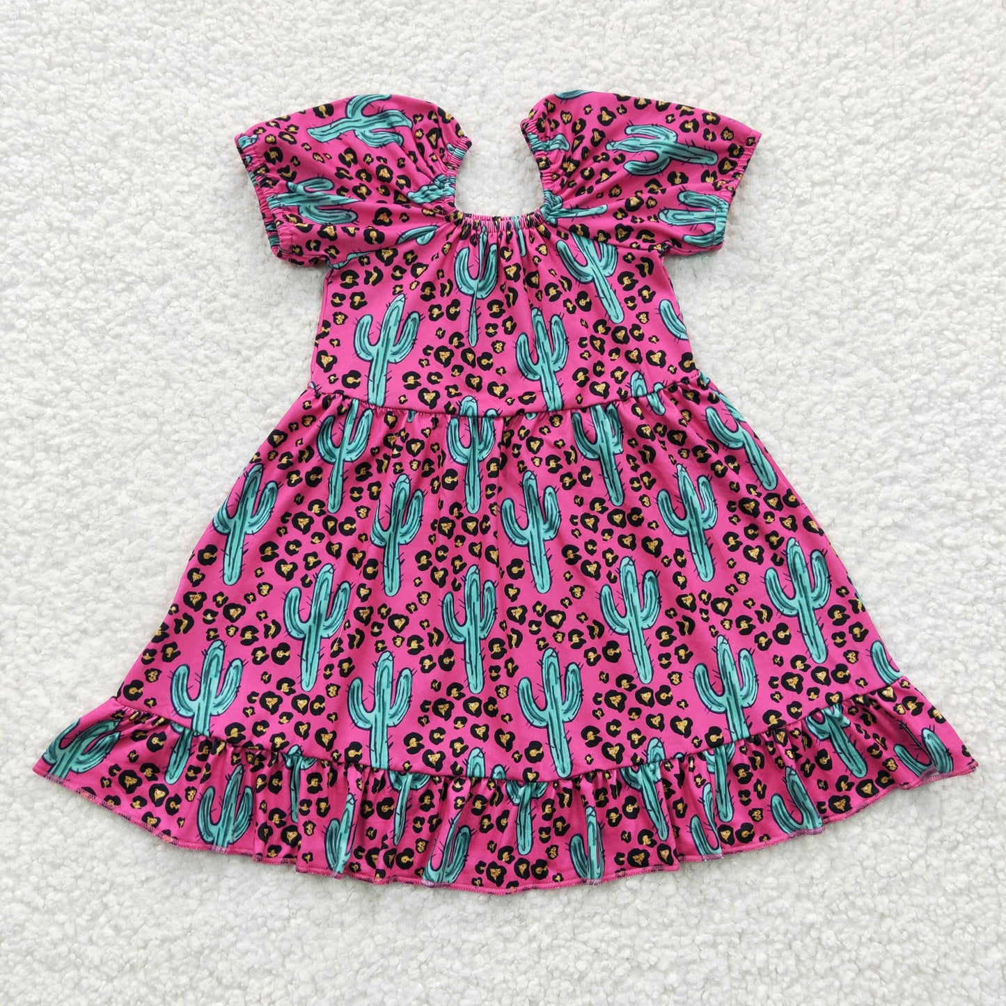 GSD0305 Baby Girls Hot Pink Leopard Cactus Western Ruffle Dresses