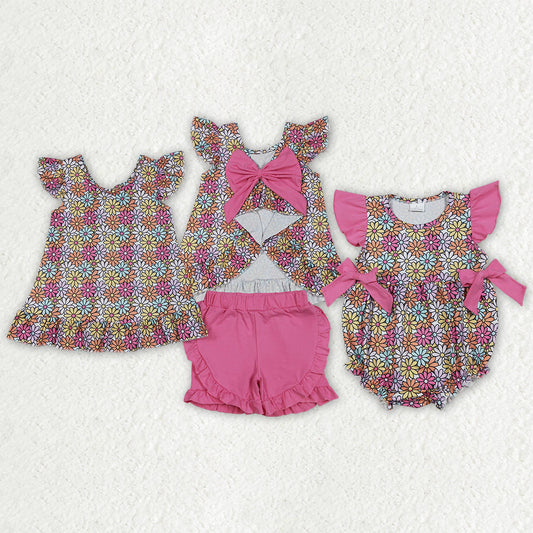 Sibling Baby Girls Daisy Flowers Flutter Sleeve Back Bow Tunic Ruffle Short Clothes Set Rompers