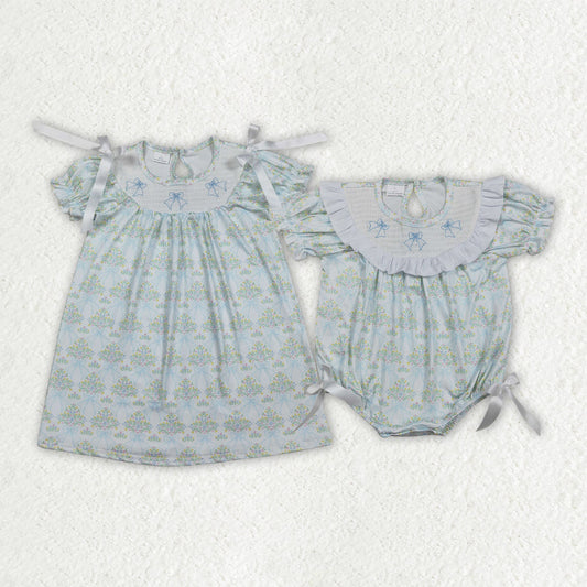Sibling Smocked Bows Flower Checked Knee Length Dress Ruffle Rompers