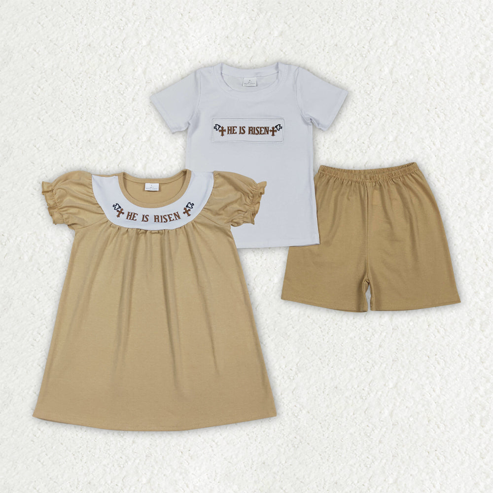 Sibling Baby Boys Girls Embroidery Crosses He is Risen Easter Clothes Sets Knee Length Dress