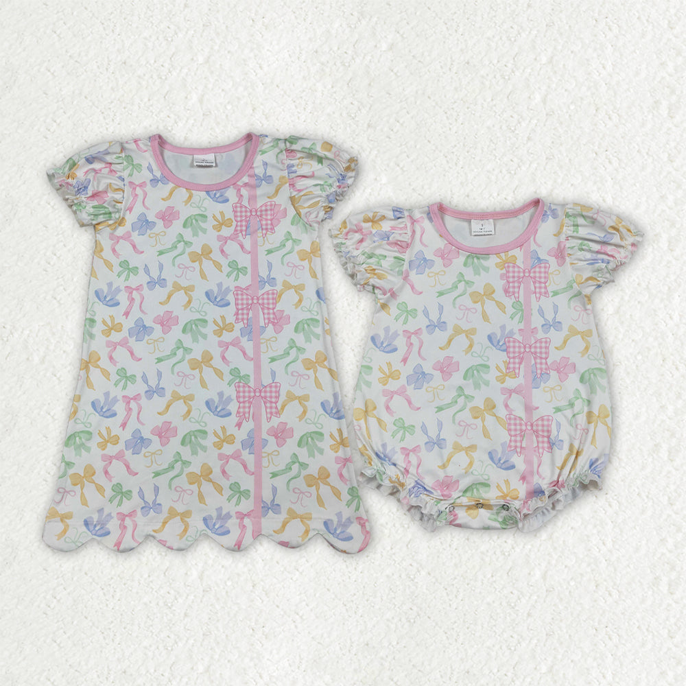 Sibling Baby Girls Short Ruffle Sleeve Colorful Bows Scallop Knee Length Dress Rompers