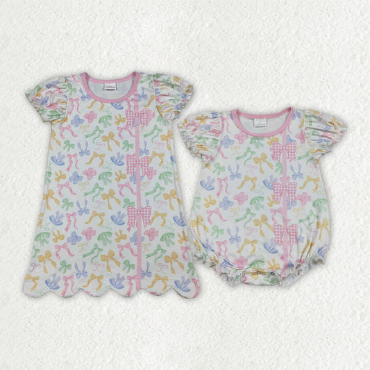Sibling Baby Girls Short Ruffle Sleeve Colorful Bows Scallop Knee Length Dress Rompers