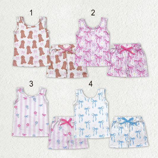 Sibling Baby Girls Sleeveless Bows Dogs Flowers Top Short With Belt Sets
