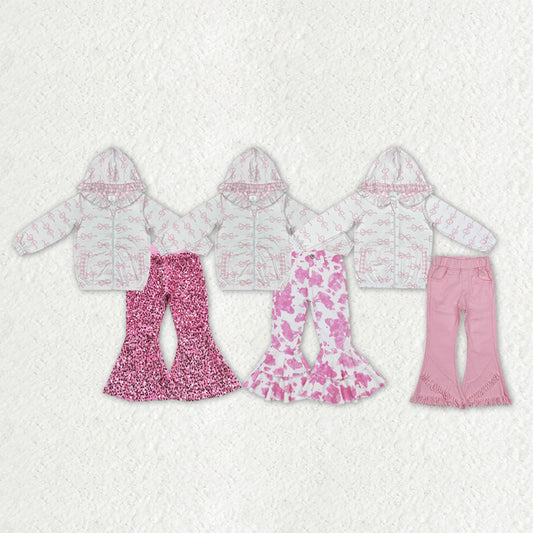 Sibling Baby Girls Bows Zipper Hoodie Jacket Sequin Denim Bell Bottom Pant Clothes Set