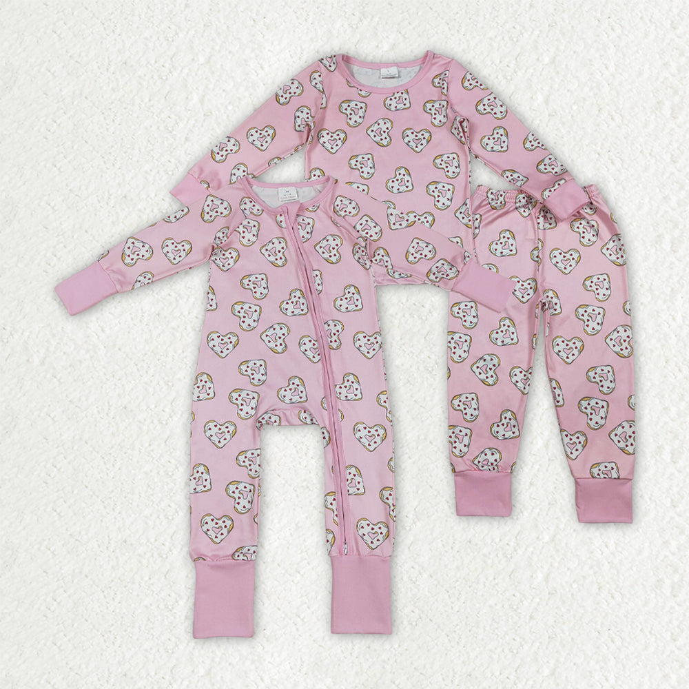 Sibling Baby Girls Hearts Donuts Top Pants Valentines Pajamas Set Zipper Rompers