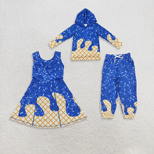 Sibling Baby Boys Girls Hot Blue Drip Sprinkles Team Hoodies Jogger Pants Knee Length Dresses