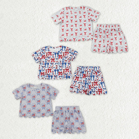Sibling Baby Girls Bows Flags Checked Top Pockets Short 4th of July Scallop Clothes Sets