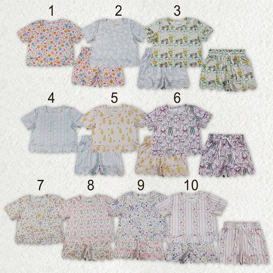 Sibling Baby Girls Colorful Flowers Top Pockets Shorts Scallop Clothes Sets