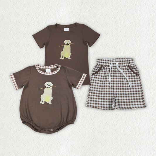 Sibling Baby Boys Embroidery Dogs Top Checked Short Hunting Clothes Set Rompers