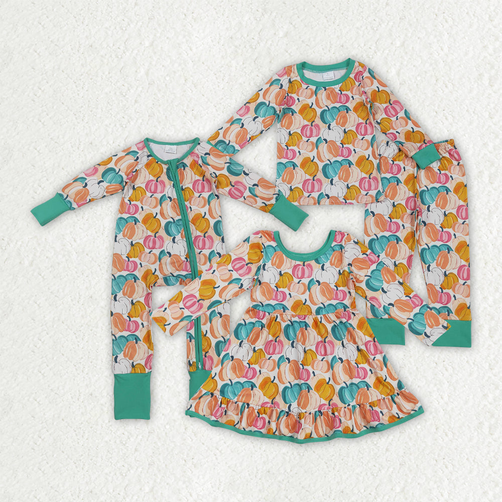 Sibling Baby Girls Green Orange Pumpkins Fall Pajamas Sets Rompers Knee Length Dresses