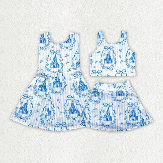 Sibling Baby Girls Blue Castles Athletic Active Wear Top Shorts Skirts Outfits Knee Length Dresses