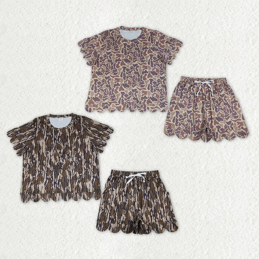 Sibling Adult Women Southern Camo Shirts Top Pockets Short Scallop Clothes Set