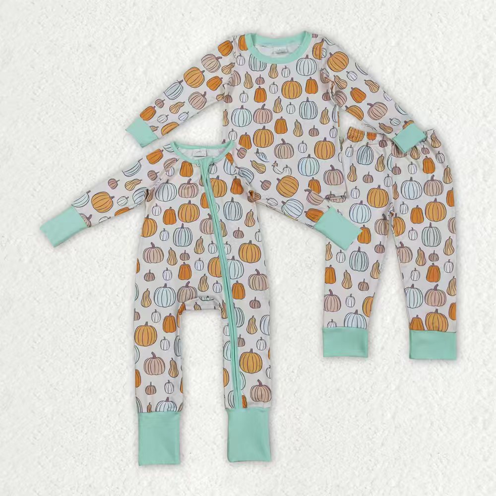 Sibling Baby Boys Colorful Pumpkins Fall Zipper Footie Rompers Pajamas Sets