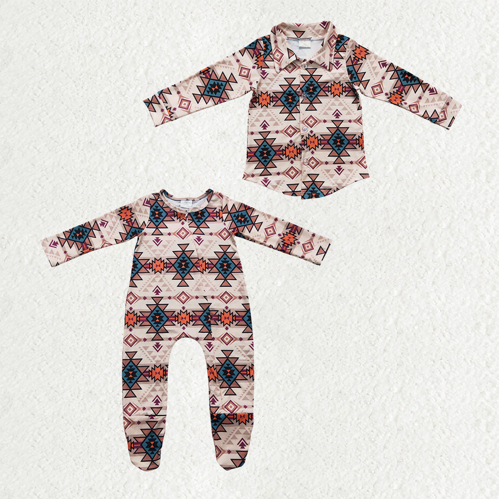 Sibling Baby Boys Western Aztec Button Shirt Top Two Way Zipper Footed Rompers
