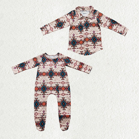 Sibling Baby Boys Western Aztec Button Shirt Top Two Way Zipper Footed Rompers