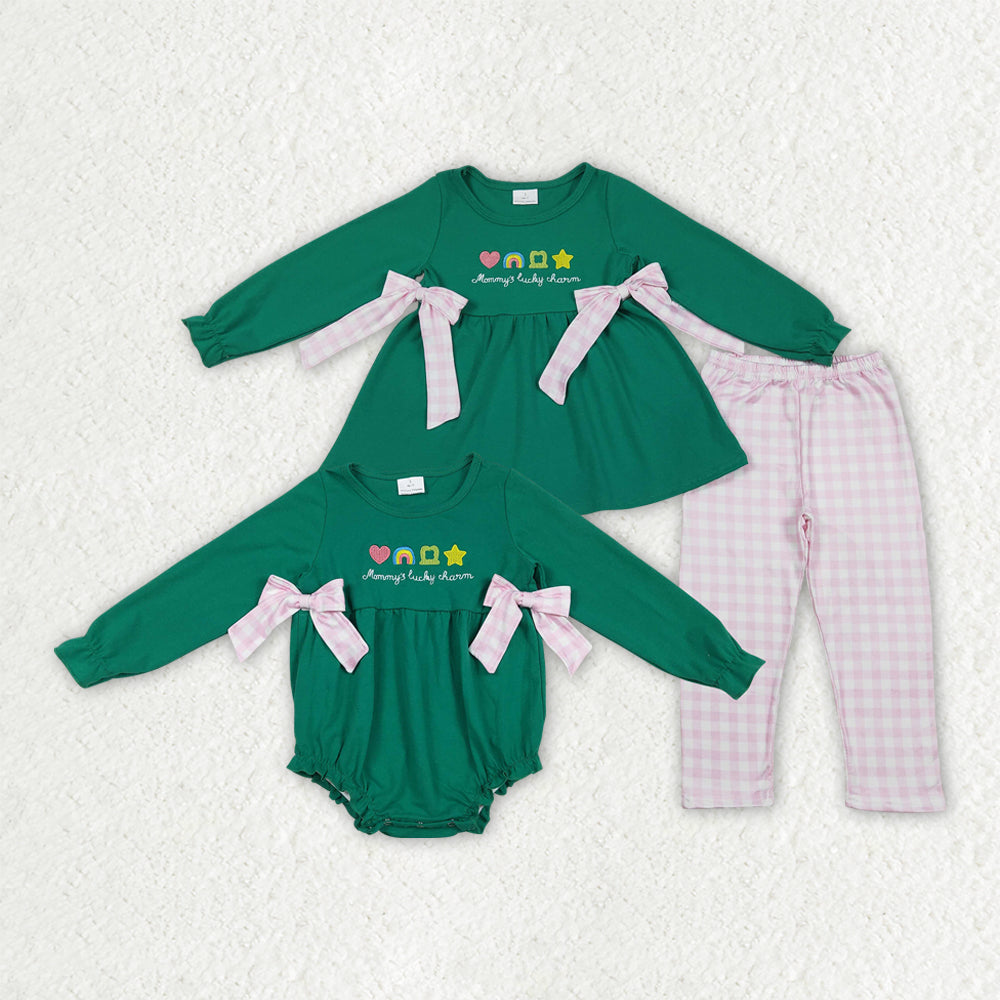 Sibling Baby Girls Embroidery Clovers Bows Tunic Pants St Patrick Clothes Set Ruffle Rompers