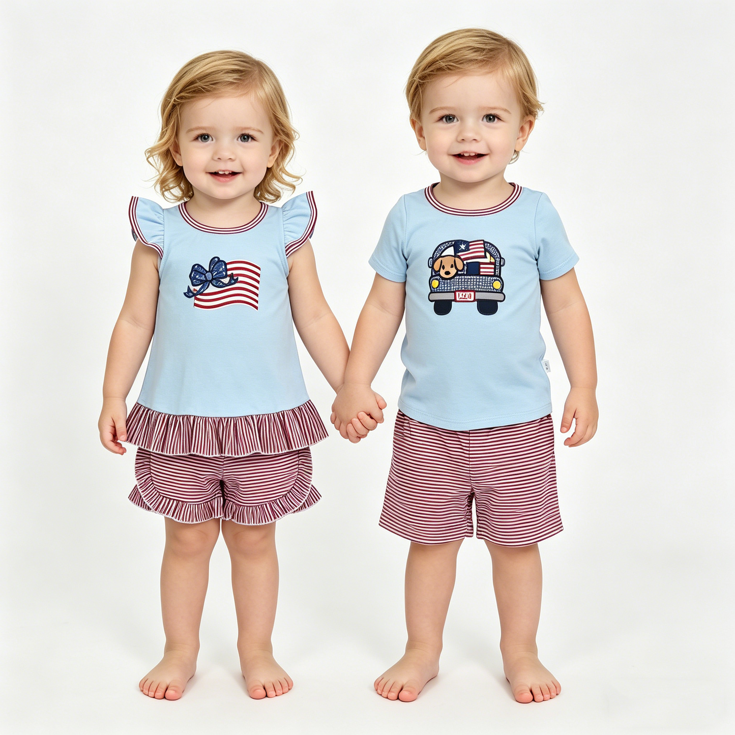 Sibling Baby Boys Girls Embroidery Dog Bows Flags Top Short 4th of July Clothes Sets