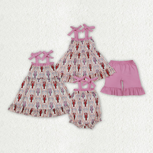 Sibling Baby Girls Crayfishes Bows Checked Tunic Ruffle Short Clothes Set Dress Rompers