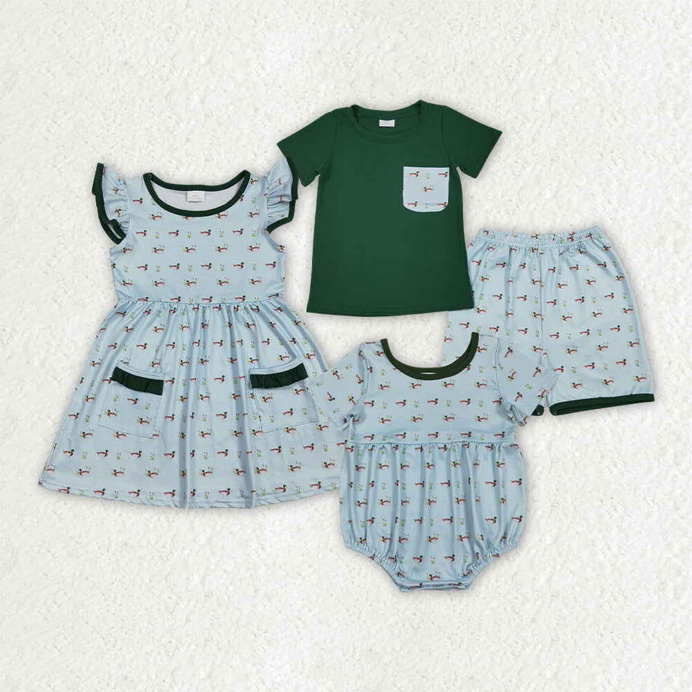 Sibling Baby Boys Girls Ducks Hunting Shorts Set Pockets Knee Length Dress Rompers