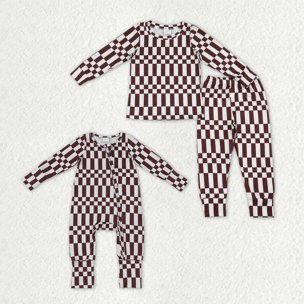 Sibling Baby Boys Long Sleeves Brown Checked Top Pant Fall Pajamas Set Zip Rompers