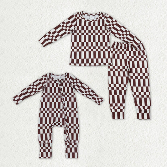 Sibling Baby Boys Long Sleeves Brown Checked Top Pant Fall Pajamas Set Zip Rompers