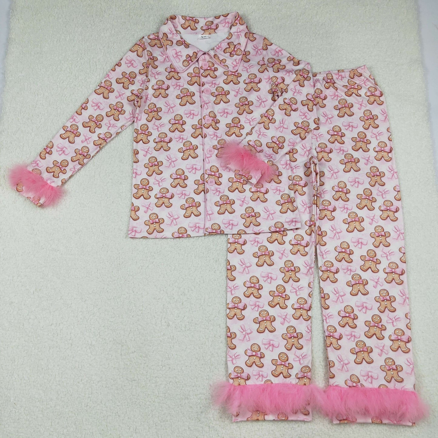 Sibling Adult Women Bows Santa Trees Button Top Pants Christmas Fur Pajamas Sets