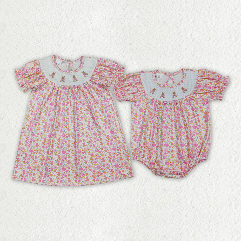 Sibling Baby Girls Smocked Bow Rabbits Flowers Easter Knee Length Dress Ruffle Rompers