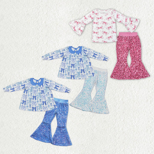 Sibling Baby Girls Bows Plaid Tunic Sequin Bell Bottom Pant Clothes Set
