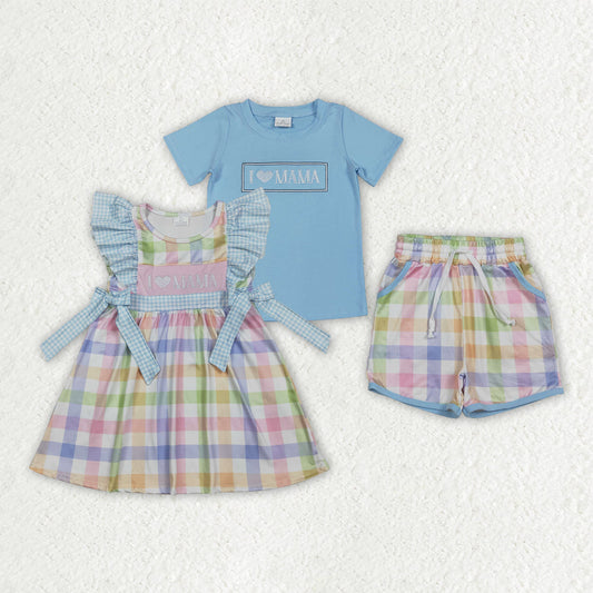 Sibling Baby Kids Embroidery I Love Mama Pockets Short Clothes Set Knee Length Dresses